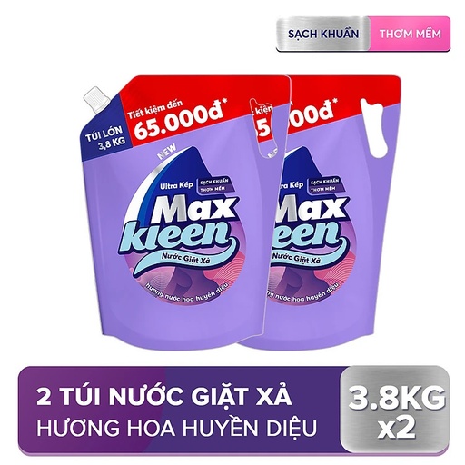 Combo 2 Túi nước giặt xả Maxkleen Hương Huyền Diệu 3.8kg/túi